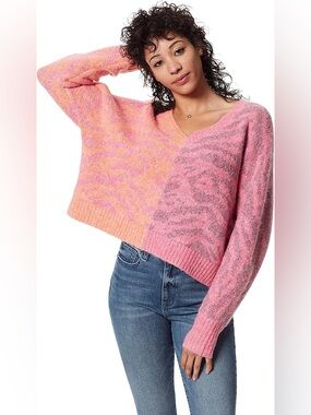 Circus NY Patchwork Animal Print V-Neck Pink Orange Oversized Sweater Large EUC